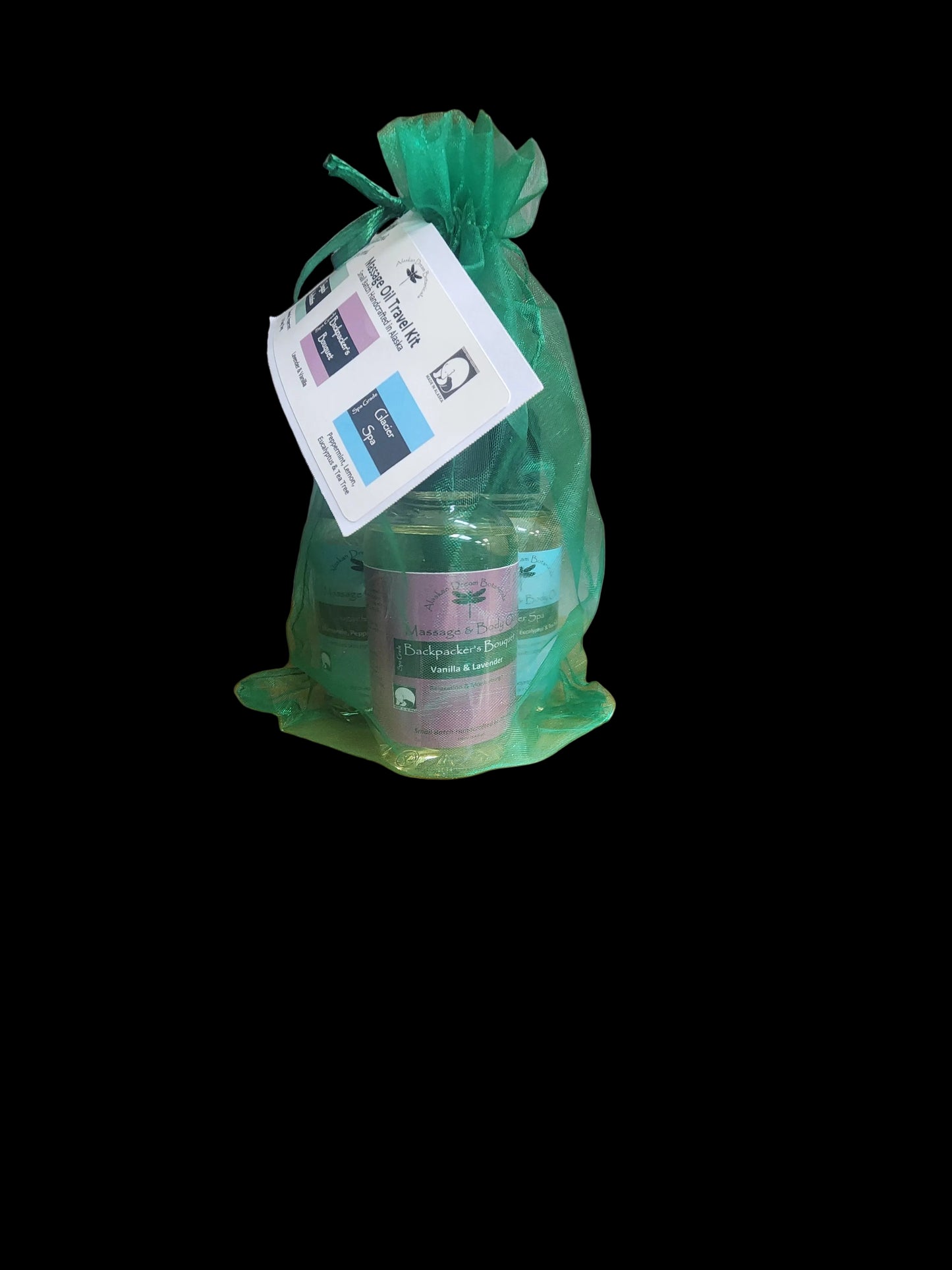 Organza Bag with 3 100 ml Massage Oil Bottles inside.